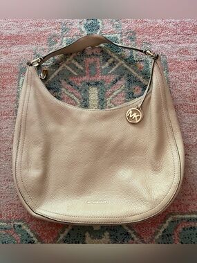 Michael Kors Pebbled Leather Shoulder Hobo in Light Beige with Gold Hardware